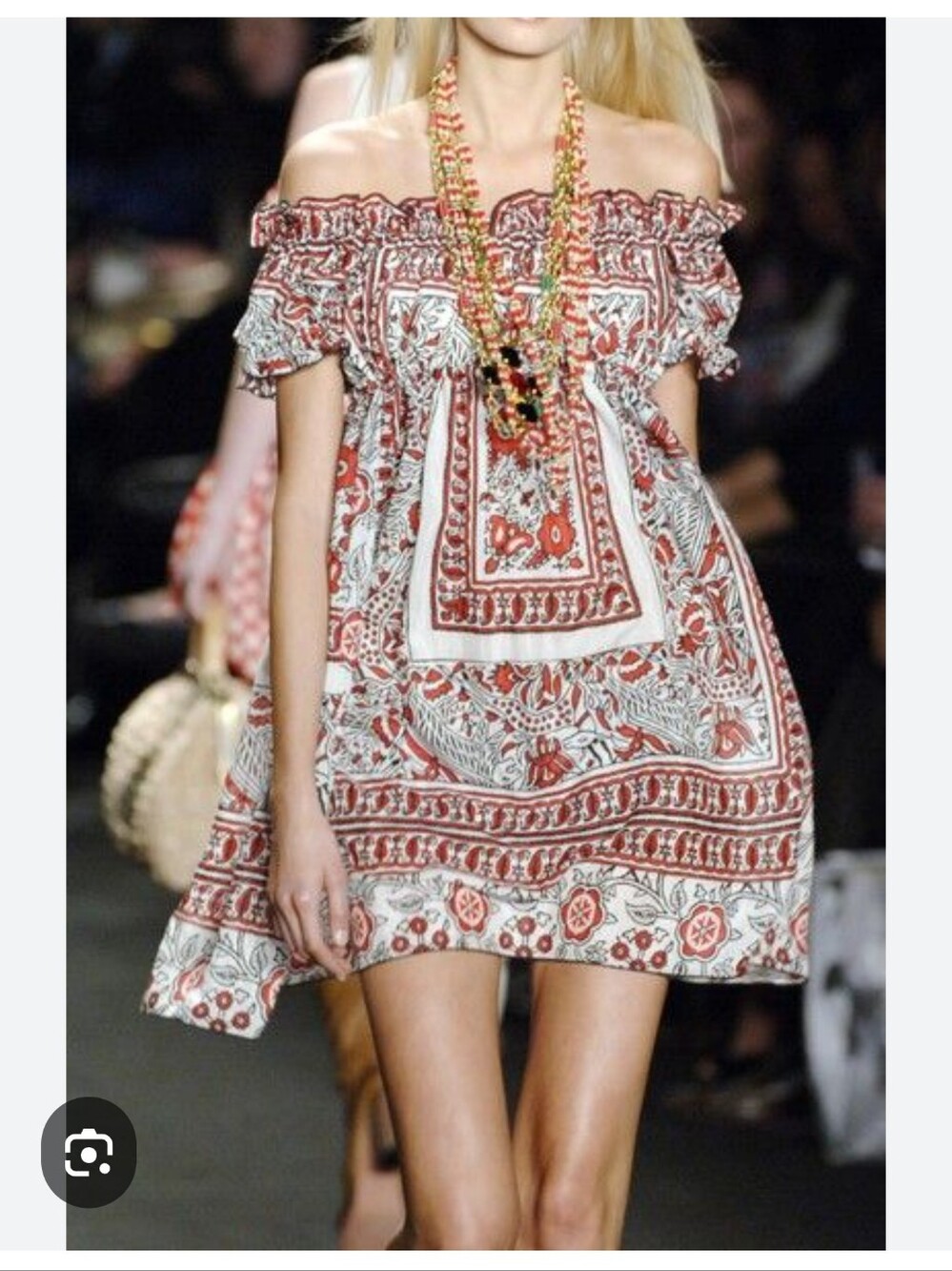 Anna Sui Off-Shoulder Red and White Paisley Mini Dress